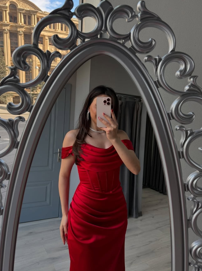Charming Mermaid Off the Shoulder Corset Red Satin Prom Dress Evening Dress DP1834