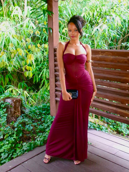Sexy Burgundy Sheath Halter Tulle Satin Long Prom Dress DP7779