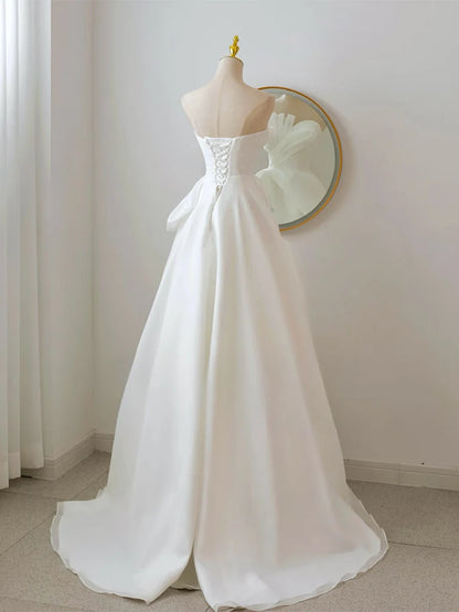 Elegant A Line Strapless White Organza Long Prom Dress Formal Dress DP1178