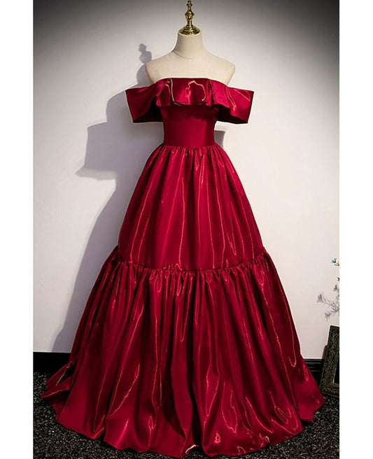 Elegant A Line Off-the-shoulder Burgundy Satin Long Prom Dress Evening Dress DP1061