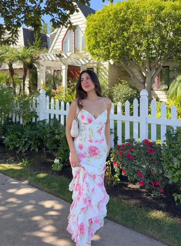 Pretty Sheath Straps Pink Print Floral Ruffle Chiffon Prom Dress Evening Dress Vacation Dress DP5608