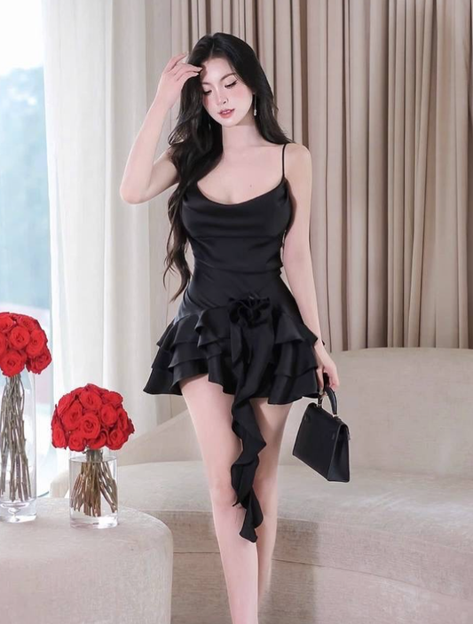 Simple Black A Line Spaghetti Straps Satin Short Homecoming Dress DP4397