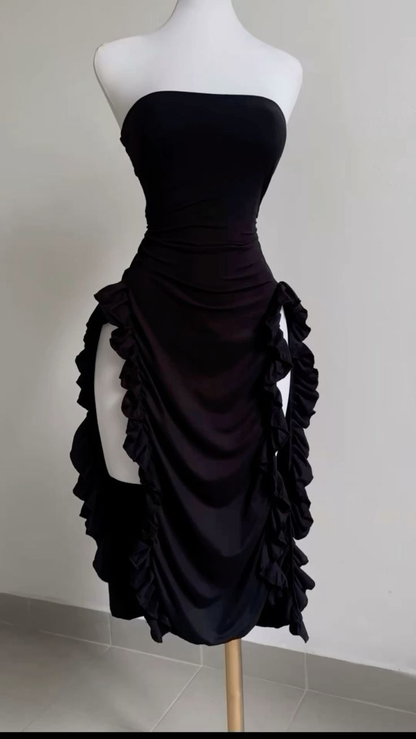 Strapless Sheath Midi Length Ruffle Prom Dress Sexy Evening Dress DP212
