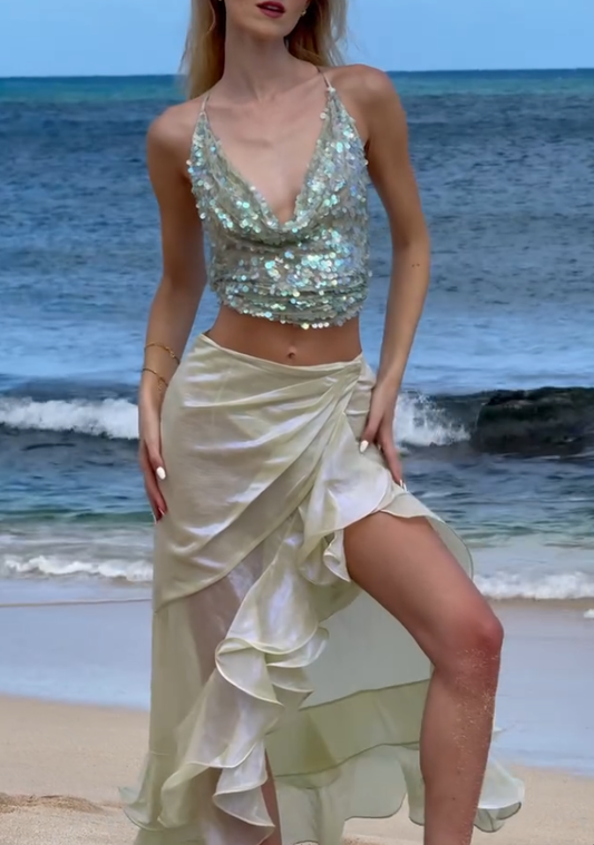 Shiny Mermaid Spaghetti Strap Sequin Satin Two Piece Prom Dress Party Dress DP3779