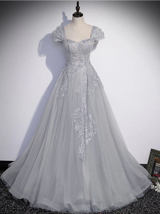 Gray Sweetheart Neck Tulle Lace Long Prom Dress, Gray Evening Dress DP3369
