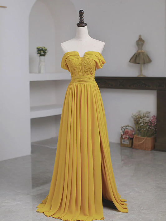 Simple Yellow Off the Shoulder Chiffon Long Prom Dress Graduation Dresses DP1152