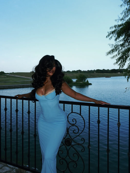 Charming Blue Sheath Spaghetti Strap Satin Prom Dress Evening Dress DP7848