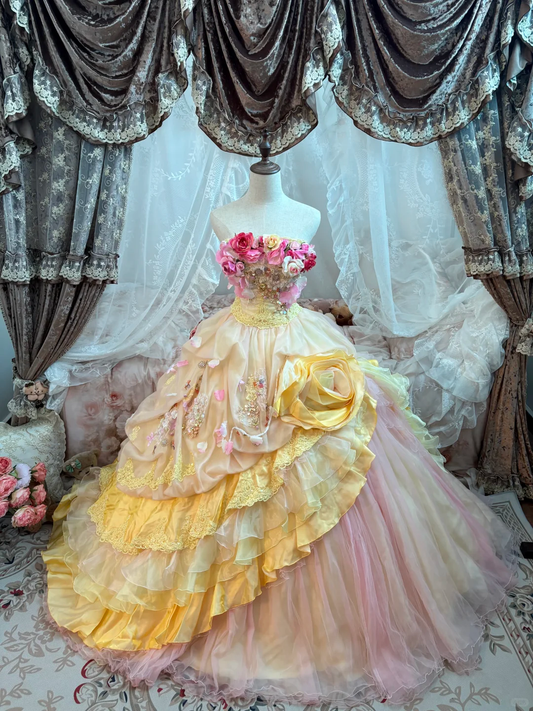 Princess Yellow Ball Gown 3D Floral Tulle Lace Long Prom Dress 16th Birthday Dress DP5388