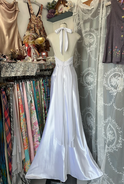Vintage Mermaid Halter Beaded White Satin Backless Prom Dress DP4858