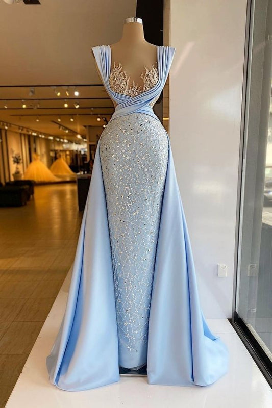Luxurious Baby Blue A Line Appliques Neckline Sequins Satin Prom Dresses DP804