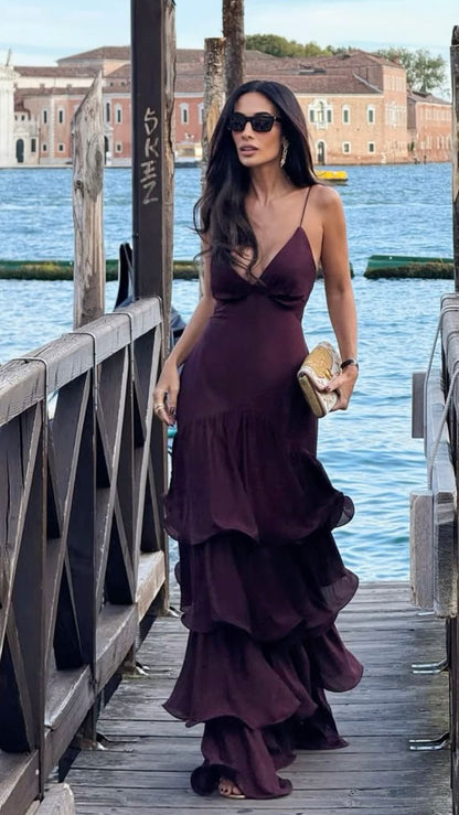 Sexy Sheath Spaghetti Straps Layered Chiffon Long Prom Dress Evening Dress DP5124