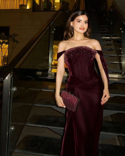 Charming Dark Burgundy Sheath Off the Shoulder Beaded Velvet Prom Dress Evening Dress DP6702