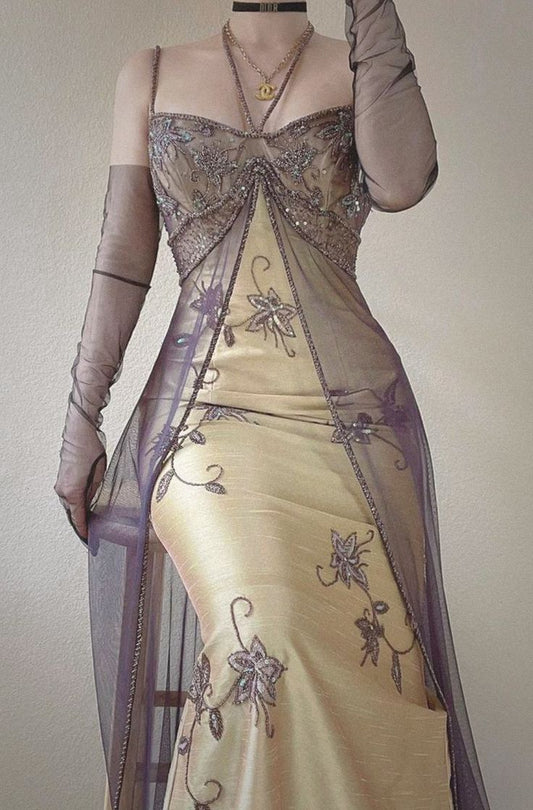 Vintage A Line Spaghetti Strap Beaded Brown Tulle Yellow Satin Prom Dress Party Dress DP3116