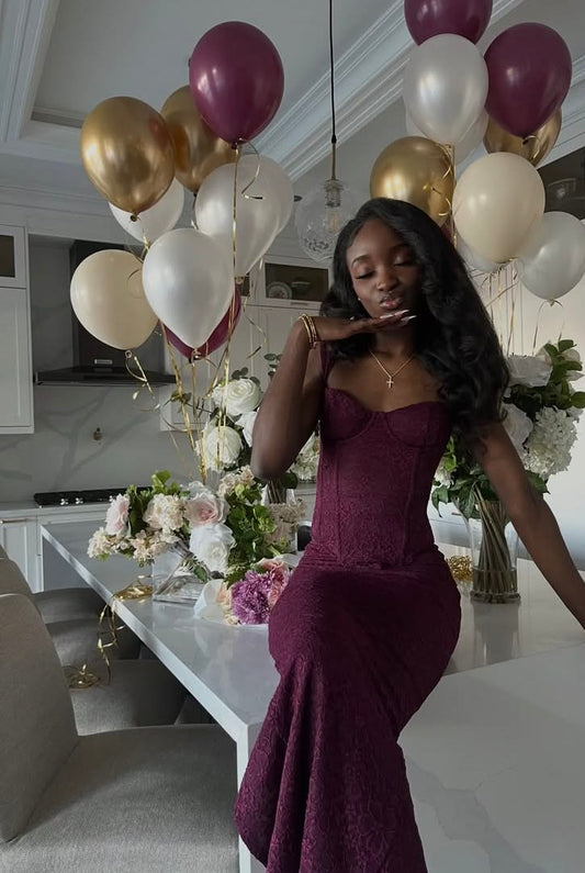 Dark Burgundy Mermaid Spaghetti Strap Lace Long Prom Dress DP7773