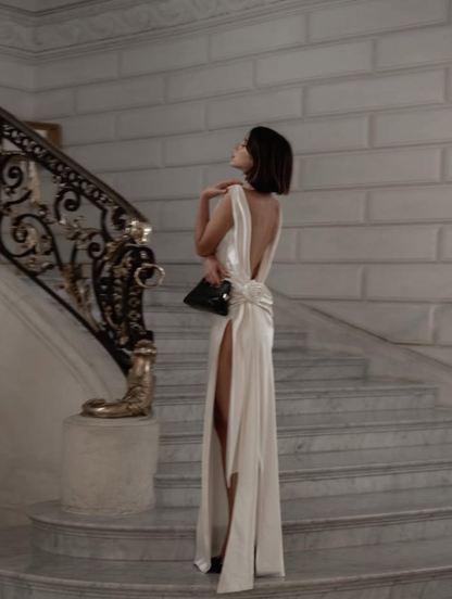 Classy Mermaid Ivory Satin Backless Prom Dress Evening Dress Date Dress with Slit DP3095