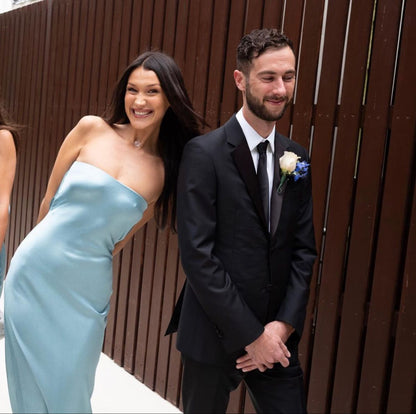 Simple Ice Blue A Line Strapless Satin Backless Long Bridesmaid Dress DP4969