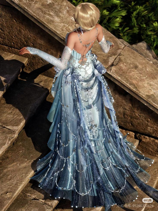 Gorgeous A Line Strapless Beaded Sequin Blue Tulle Prom Dress Evening Dress DP1901