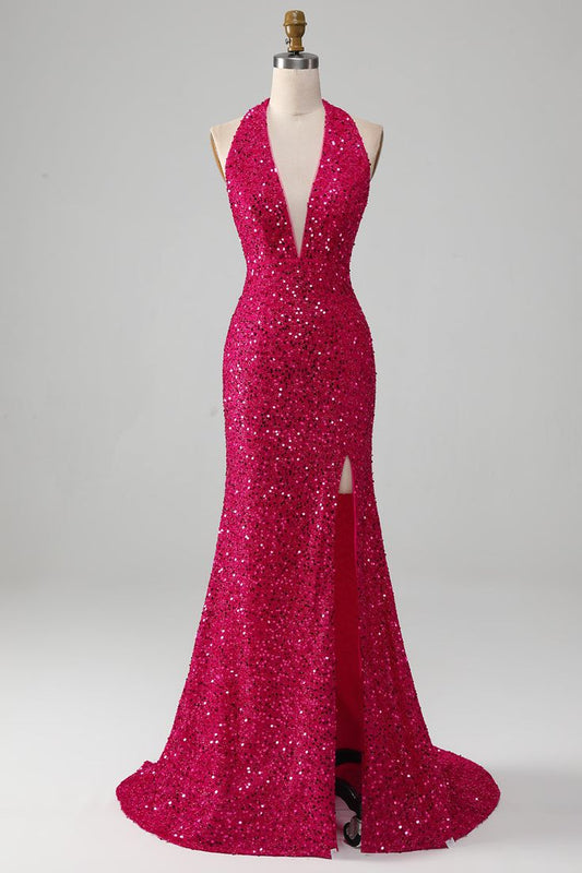 Mermaid Halter Sequin Satin Prom Dress With Slit DP775