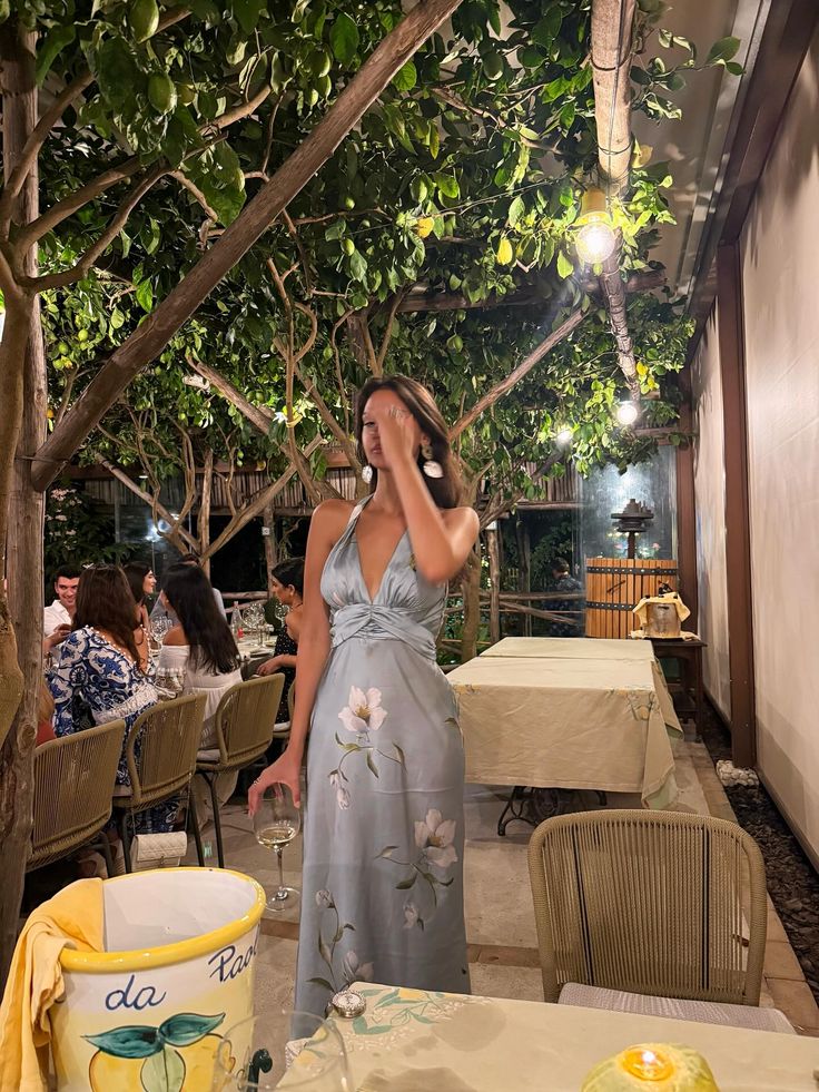 Blue A Line Halter Print Floral Satin Ball Gown Graduation Prom Dress DP4844