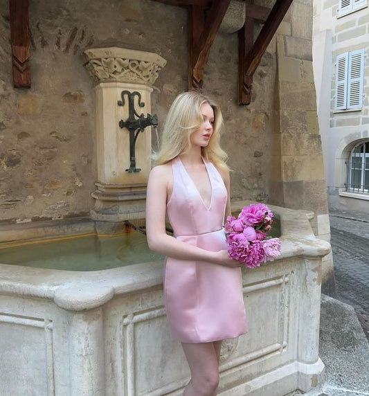 Cute Light Pink Sheath Halter Satin Short Backless Homecoming Dress DP1100