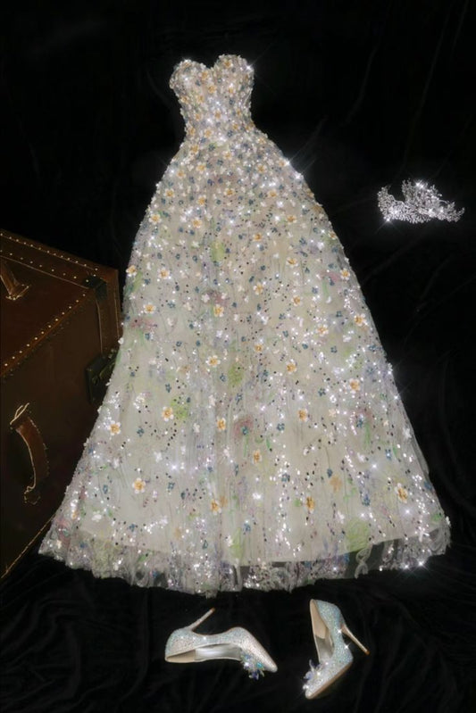 Cute A Line Sweetheart Neck Flower Green Tulle Long Prom Dress Evening Dress DP2060