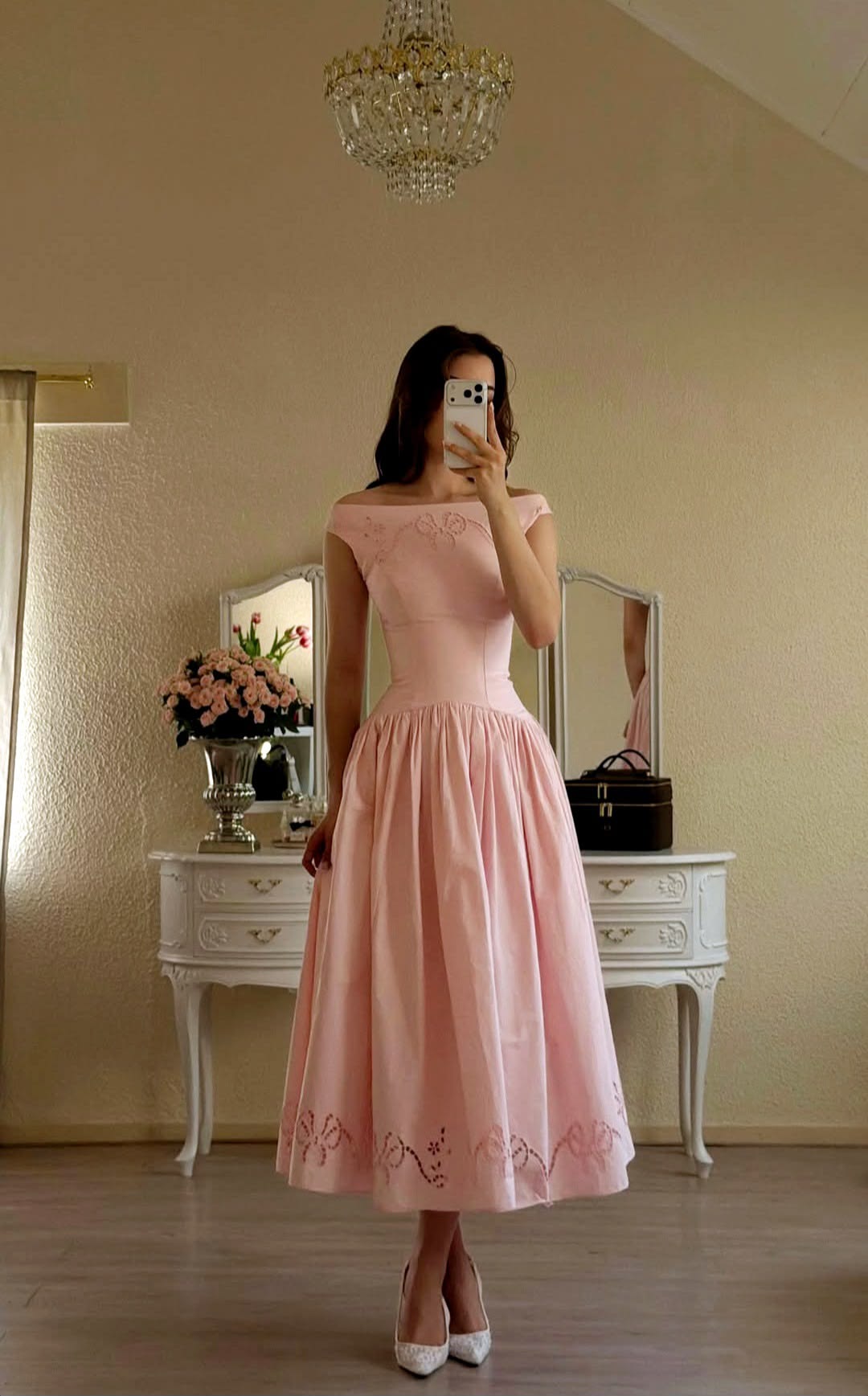 Vintage A Line Off the Shoulder Pink Satin Prom Dress Evening Dress DP6748