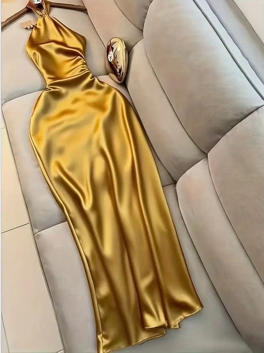 Gold Sheath Halter Satin Prom Dress Evening Dress DP5410