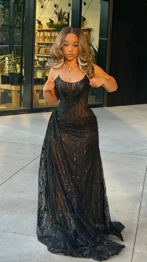 Sexy Black A Line Strapless Sequin Slit Long Prom Dress Evening Dress Date Dress DP3053