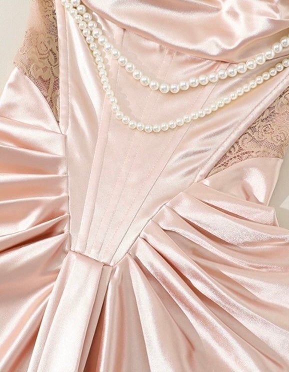 Stunning Sheath Off the Shoulder Pearl Pink Lace Satin Prom Dress Wedding Guest Dress DP2626