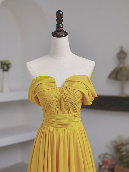 Simple Yellow Off the Shoulder Chiffon Long Prom Dress Graduation Dresses DP1152