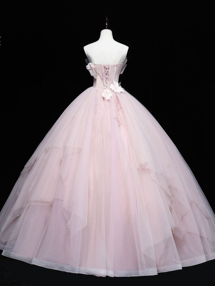 Pink Tulle Lace Applique Long Prom Dress Sweet 16 Quinceaners Dress DP272