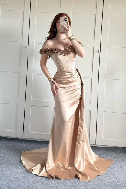 Navy Blue Mermaid Off the Shoulder Floral Corset Satin Prom Dress Evening Dress Date Dress DP3467