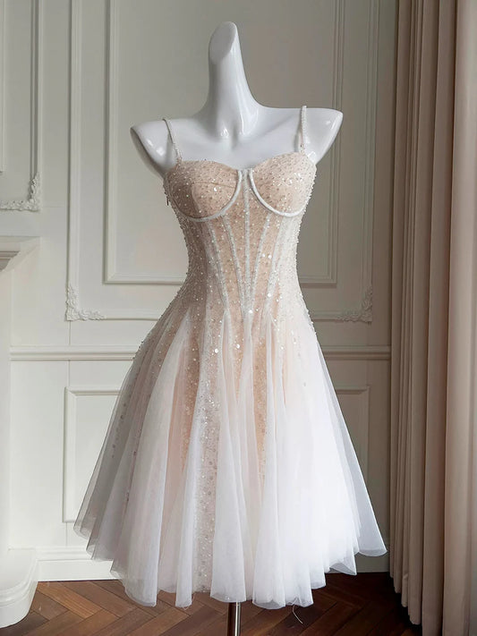 A Line Spaghetti Straps Sequins Tulle Short Homecoming Dress DP782