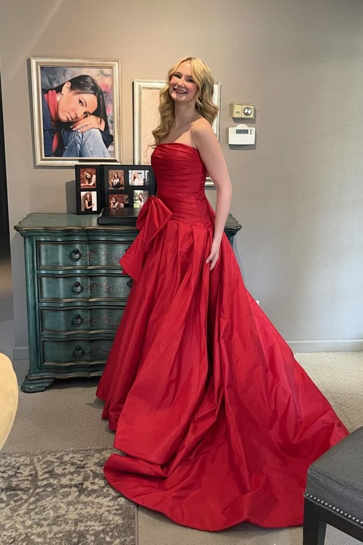 A Line Strapless Ruched Hot Pink Satin Long Prom Dress Evening Dress with Bow DP1180