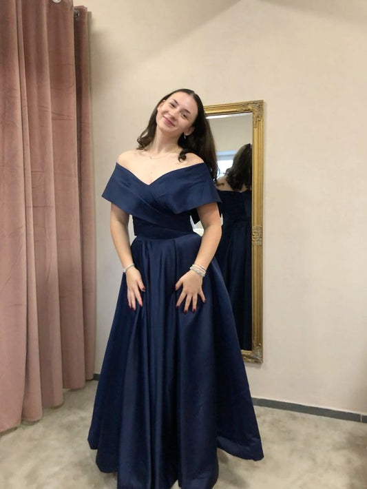 Navy Blue A Line V Neck Satin Long Prom Dress Evening Dress DP7853