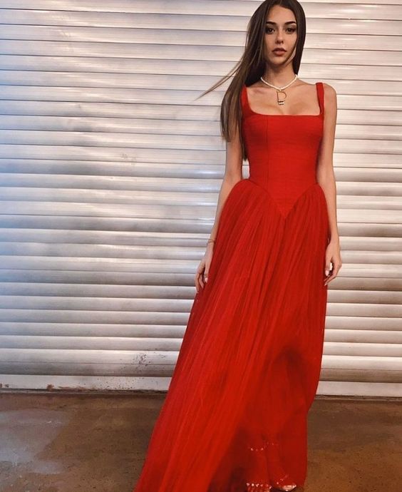 Stunning A Line Strap Red Tulle Long Party Dress Evening Dress DP2428