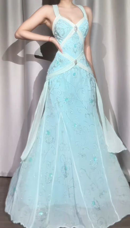 Vintage Mermaid Strap Beaded Blue Chiffon Ball Gowns Birthday Dresses DP4218