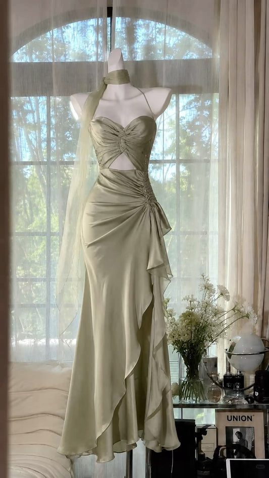 Vintage Mermaid Spaghetti Straps Sage Green Ruffle Satin Long Prom Dress Party Dress DP5812