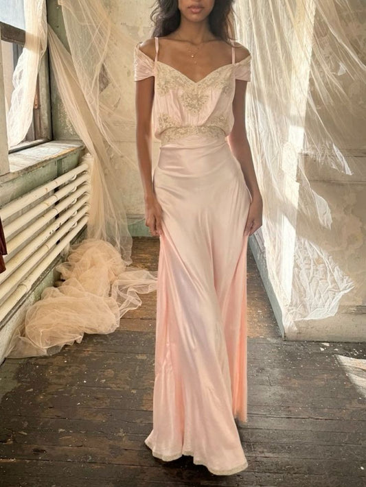 Gentle Light Pink A Line Spaghetti Straps Lace Satin Long Prom Dress Wedding Guest Dress DP3744