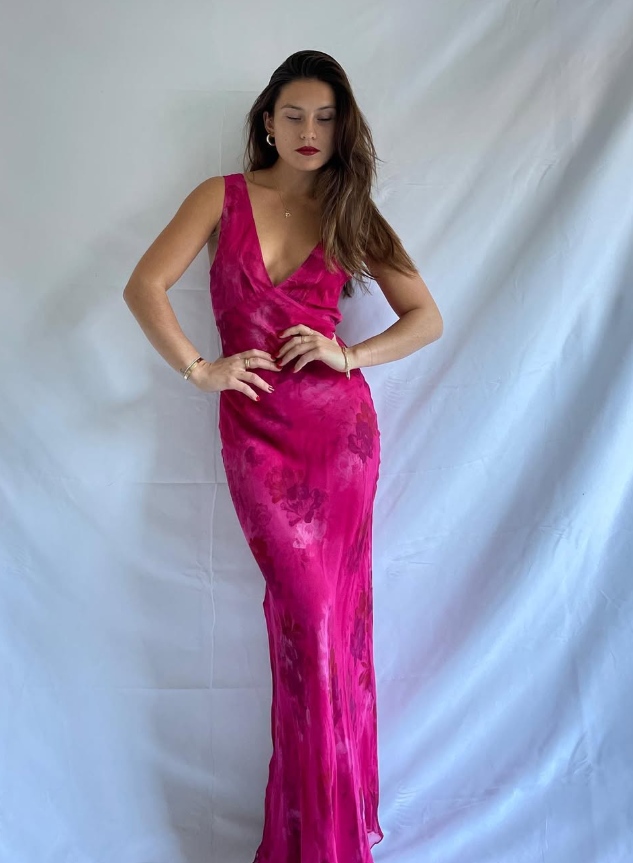 Pink Print Sheath V Neck Chiffon Long Prom Dress Evening Dress Outfits DP7186