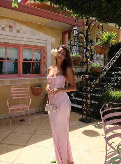 Pink Sheath Spaghetti Strap Sequin Satin Prom Dress Party Dress Evening Dress DP3538