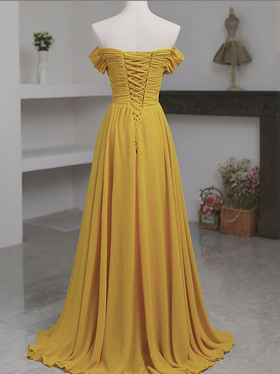 Simple Yellow Off the Shoulder Chiffon Long Prom Dress Graduation Dresses DP1152