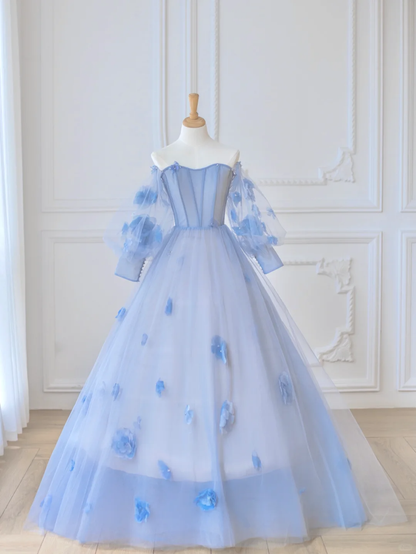 Elegant A Line Long Sleeve Flower Blue Tulle Long Prom Dress Party Dress DP2725