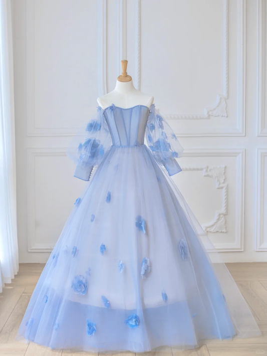 Elegant A Line Long Sleeve Flower Blue Tulle Long Prom Dress Party Dress DP2725