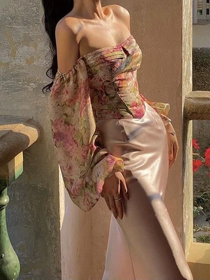 Two Piece Sheath Long Sleeve Print Satin Long Prom Dress Date Dress DP7015