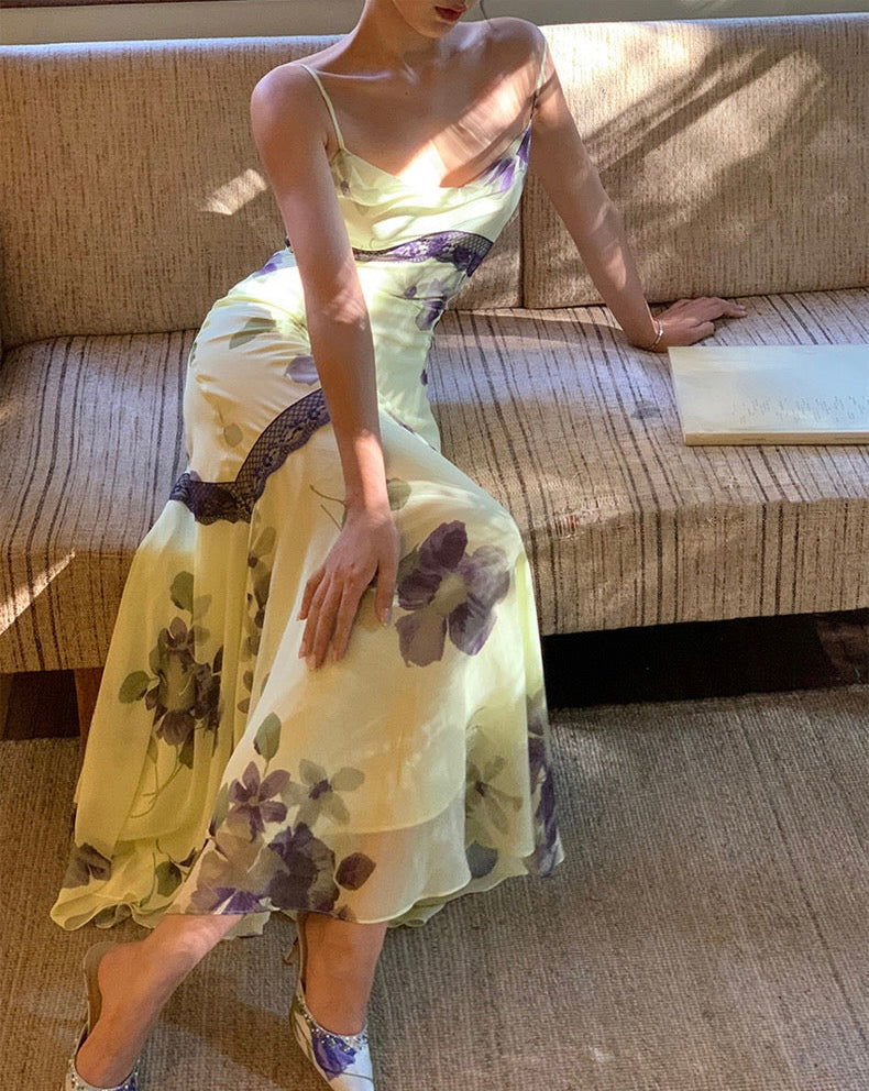 Green Mermaid Spaghetti Purple Print Floral Chiffon Prom Dress Party Dress Outfits DP3530