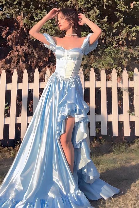 Romantic A Line Off the Shoulder Blue Satin Prom Dresses Formal Evening Dress with Slit DP2383