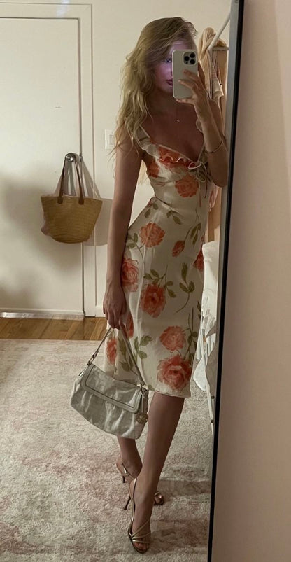 Gentle Sheath Straps Printed Floral Chiffon Tea Length Vacation Dress Outfits DP4044