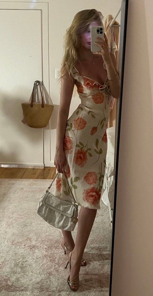 Gentle Sheath Straps Printed Floral Chiffon Tea Length Vacation Dress Outfits DP4044