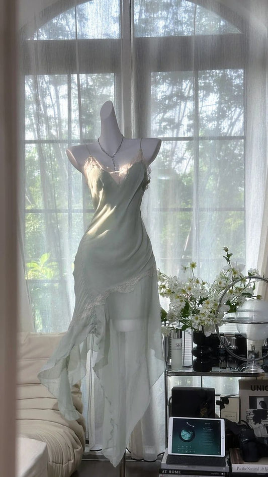Light Green Sheath Spaghetti Strap Lace Chiffon Short Homecoming Dress Wedding Guest Dress DP3809